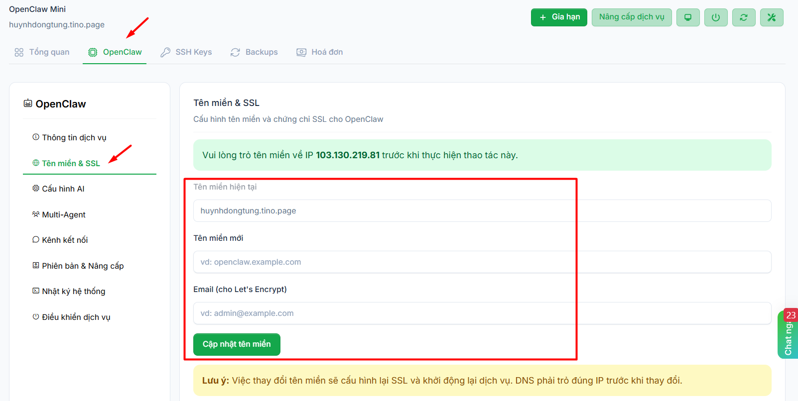 Thiết lập tên miền và chứng chỉ SSL (tùy chọn)