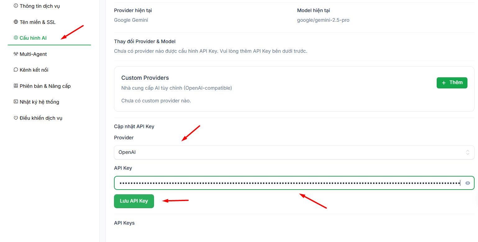 Tích hợp nền tảng AI và khai báo API Key